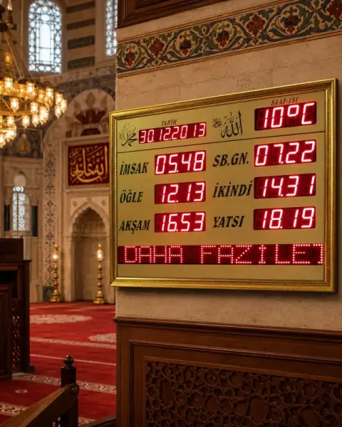 Kayan yazı alanlı Vakitmatik cami panosu