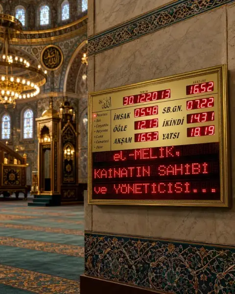 Mesaj alanlı Vakitmatik cami saati ve namaz vakti panosu