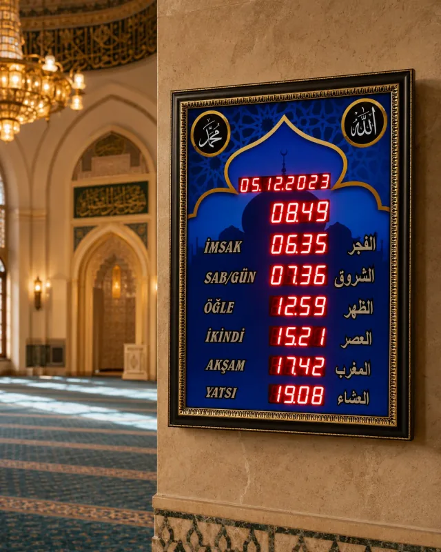 Mavi desenli Vakitmatik cami saati ve namaz vakti panosu
