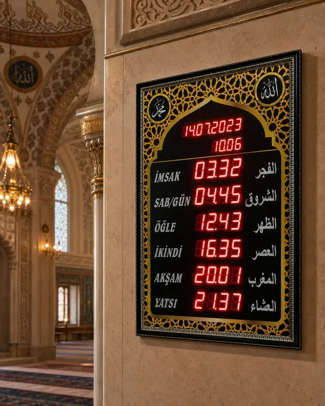 Siyah desenli Vakitmatik cami saati ve namaz vakti panosu
