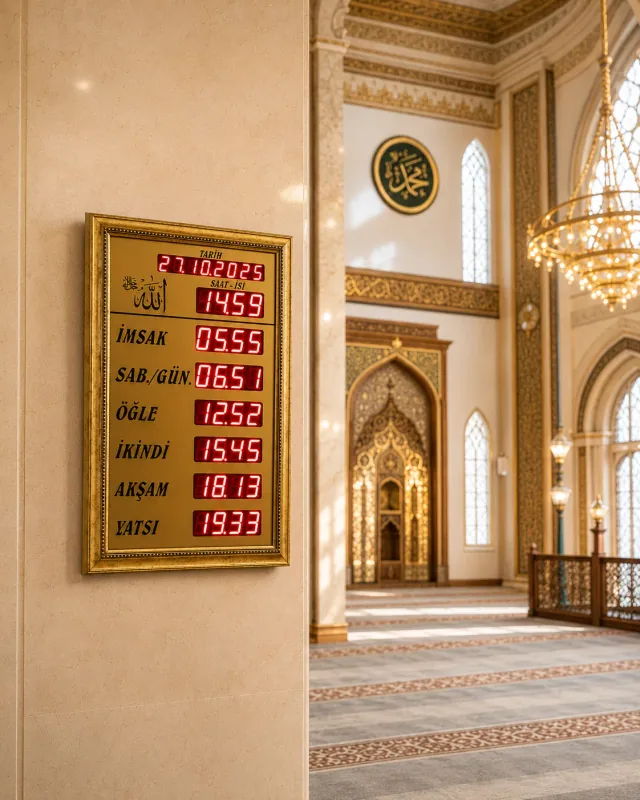 Altın çerçeveli dikey Vakitmatik cami saati