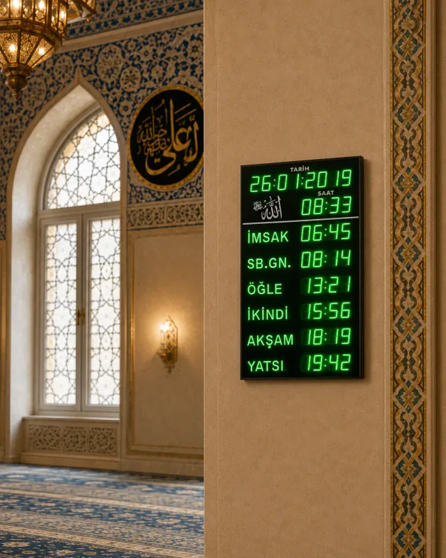 Yeşil LED dijital cami saati ve namaz vakti panosu