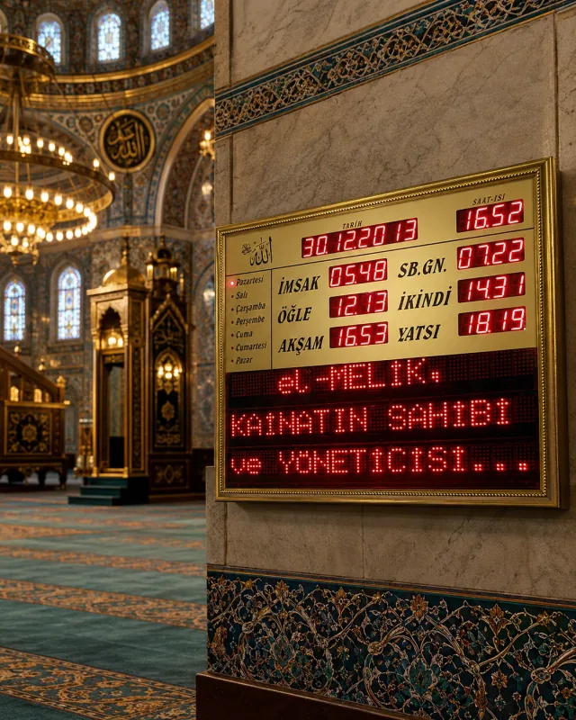 Mesaj alanlı Vakitmatik cami saati ve namaz vakti panosu