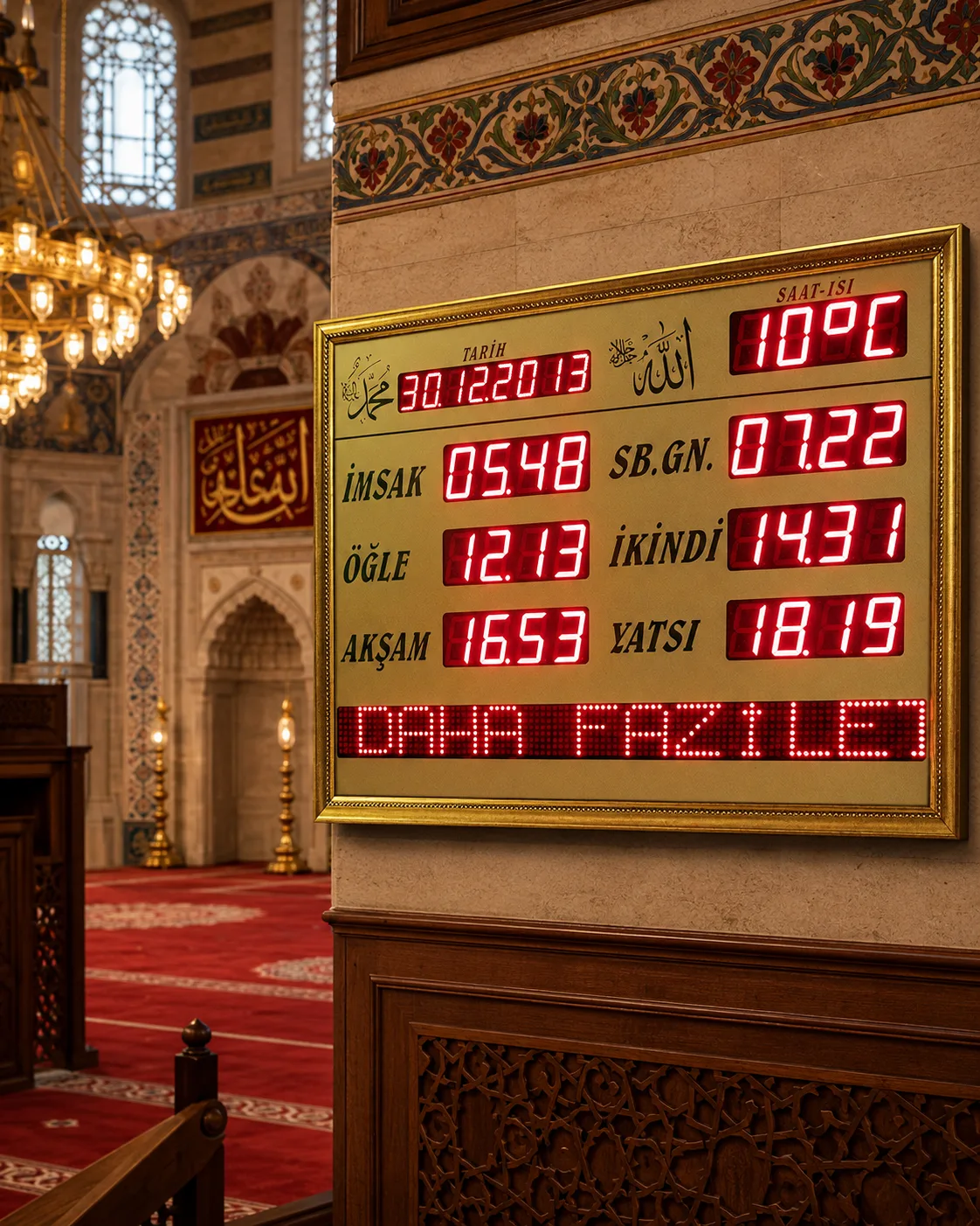 Kayan yazı alanlı Vakitmatik namaz vakti panosu